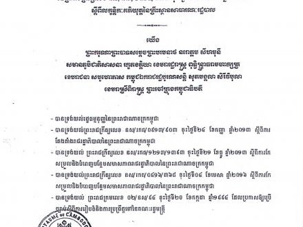 អនុក្រឹត្យលេខ នស/រកត/០៥៩០ ចុះ​ថ្ងៃទី២៨ ខែឧសភា ឆ្នាំ២០១៨ ស្ដីពី​ការ​កែសម្រួល​មាត្រាមួយ​ចំនួន​នៃ​ព្រះ​រាជក្រឹត្យលេខ នស/រកត/០៨១៥/៨៧២ ចុះ​ថ្ងៃទី០៨ ខែសីហា...